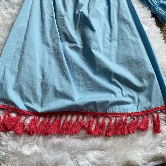 Flying Tomato Dress Embroidered Fringe Hem Elastic Cold Shoulder Blue Pink Boho - Picture 2 of 7